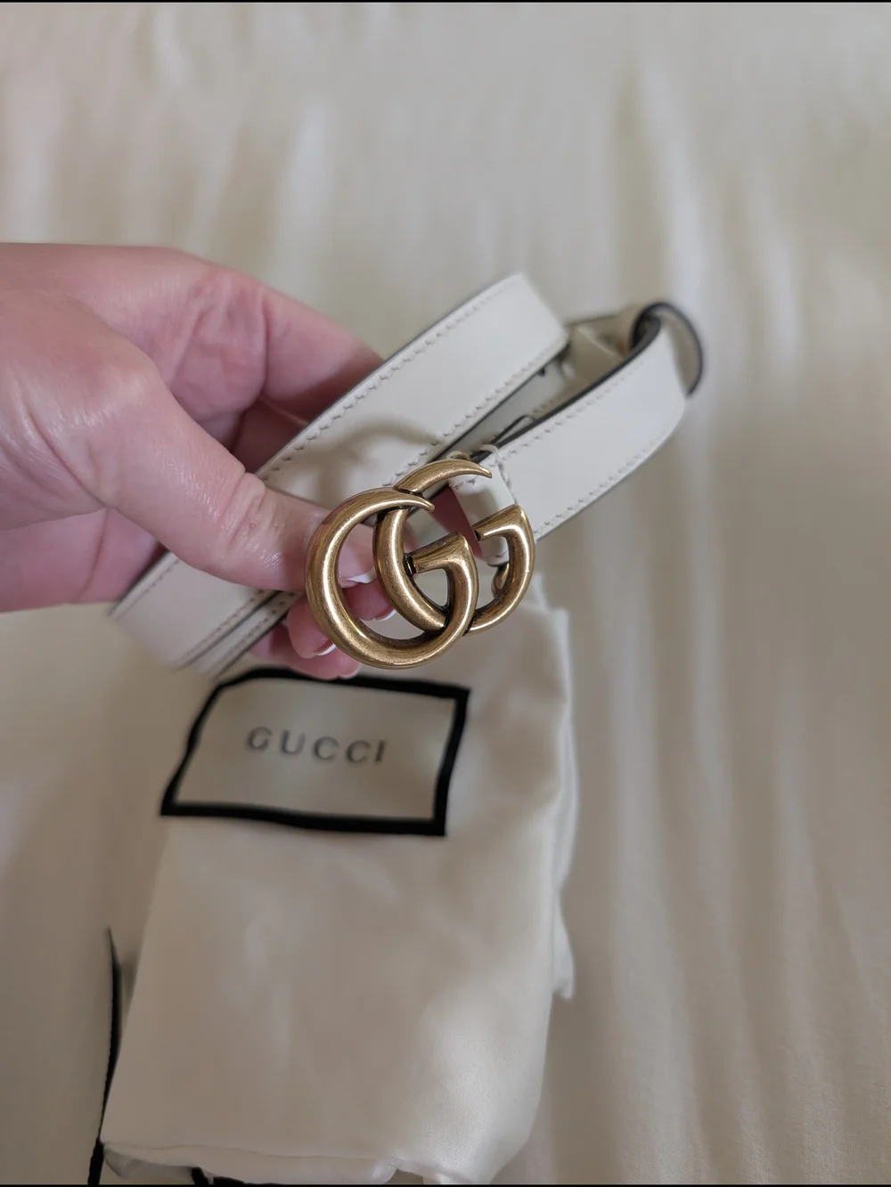 Gucci White Leather Double G Buckle Belt with Gold-Tone Hardware